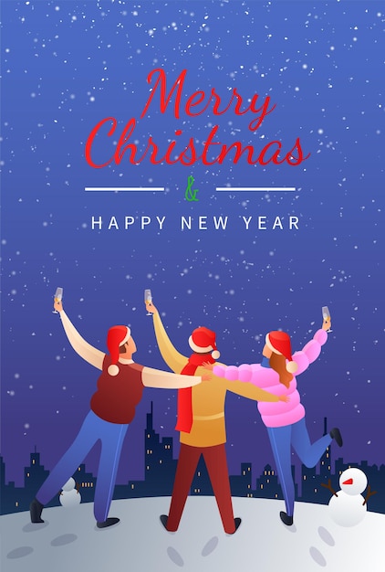 Merry christmas flat gradient poster with young people holding glasses of champagne at night starry sky 