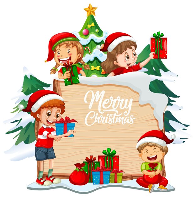 Merry Christmas font on wooden board with children and Christmas objects on white background