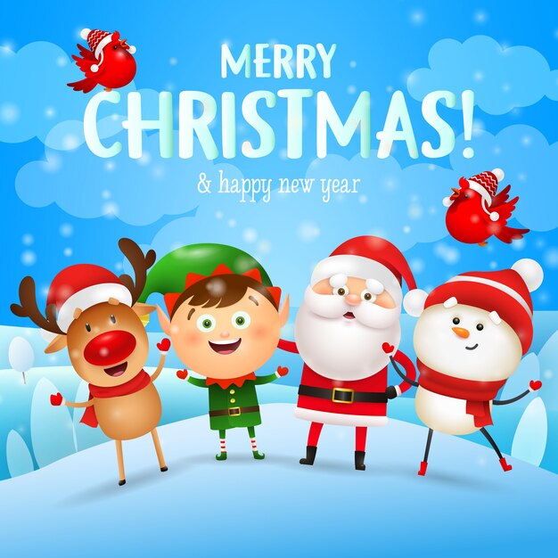 Merry Christmas greeting card with christmas characters