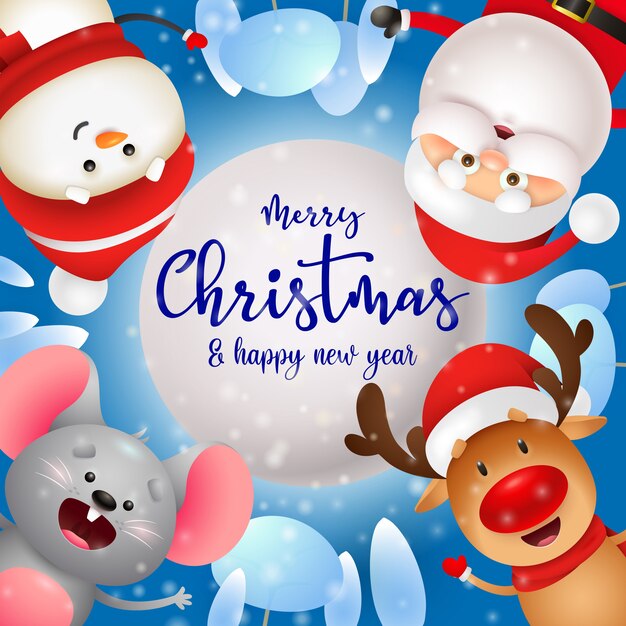 Merry Christmas greeting card with cute characters