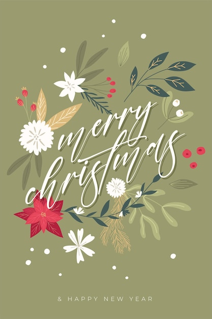 Free Vector merry christmas greeting card with hand drawn floral decoration