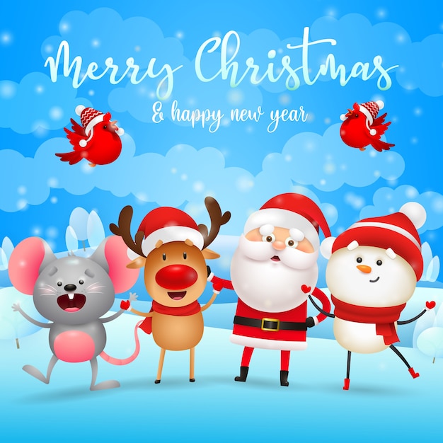 Merry Christmas greeting card with Santa Claus, reindeer, snowman and mouse