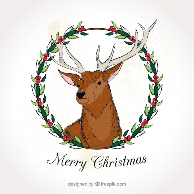 Merry christmas hand drawn deer card with floral wreath