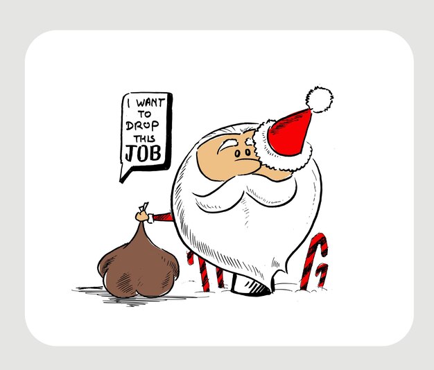 Merry Christmas! Hand Sketchy Drawing of a Funny Santa Claus Holding Gift Bag, Vector illustration