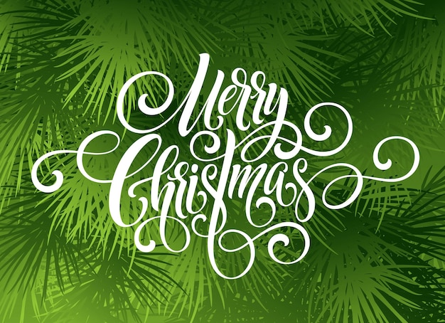 Merry Christmas handwriting script lettering. Greeting background with a Christmas tree. Vector illustration EPS10