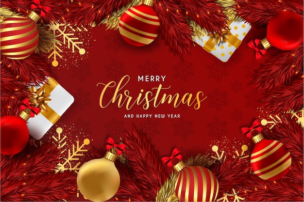 Merry Christmas and Happy New Year Background Red with Realistic Christmas Elements