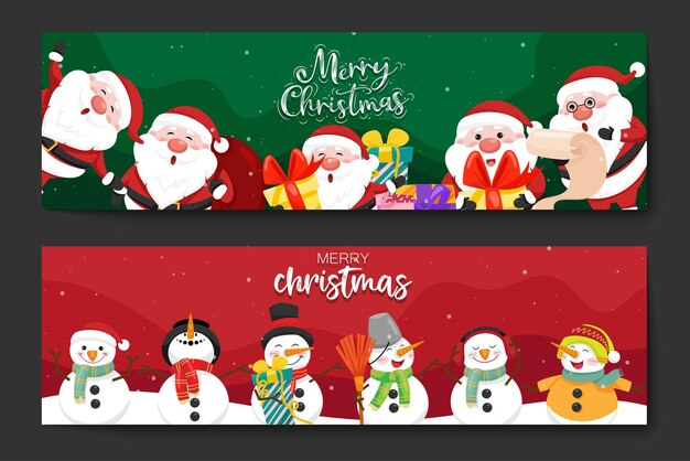 Merry Christmas and happy new year banner santa claus, snowman with gifts boxes, decorative design elements for christmas holiday shopping promotion