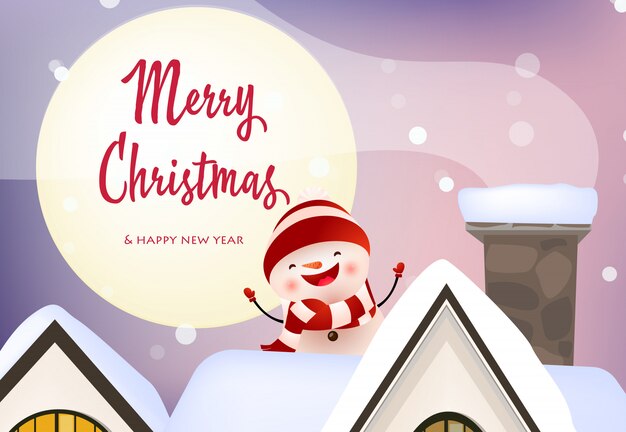 Merry Christmas and Happy New Year banner with laughing snowman