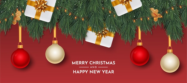 Free Vector merry christmas and happy new year card with realistic objects