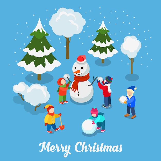 Merry Christmas Happy New Year flat isometry. Children play snowball outdoor with snowman Creative winter holiday