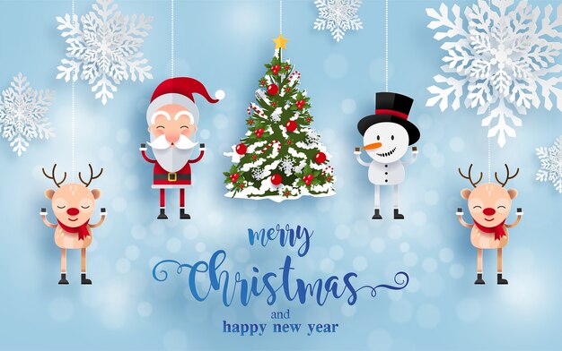 Merry christmas and happy new year greeting card with happy characters. Santa Claus, snowman and reindeer