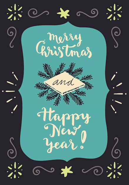 Free vector merry christmas and happy new year. vintage hand lettering greeting card