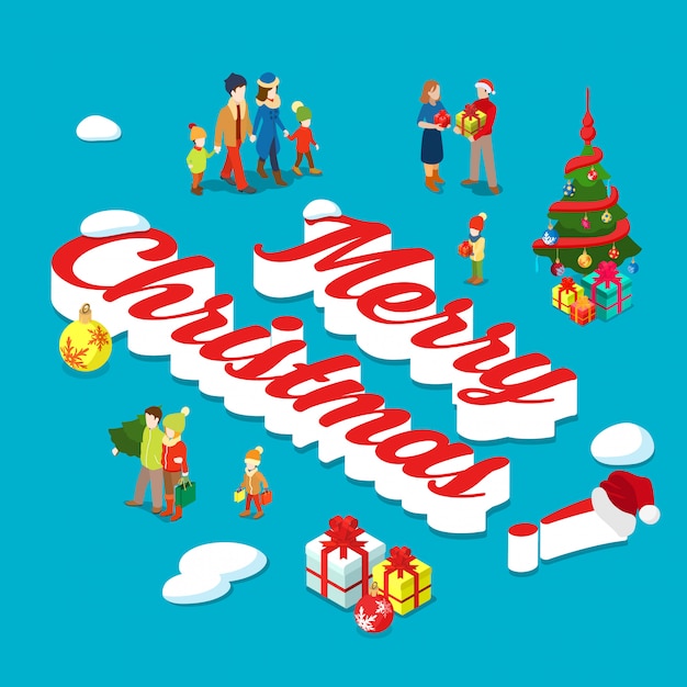 Merry Christmas holiday isometric concept vector illustration.