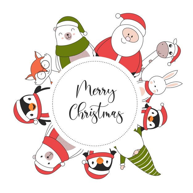 Merry Christmas illustration card with penguin rabbit giraffe Santa Claus polar bear fox and elf