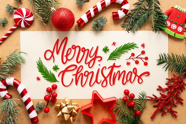 Merry christmas lettering on christmas photo