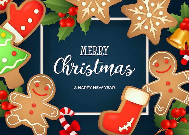 Free Vector merry christmas lettering, gingerbread cookies, mistletoe