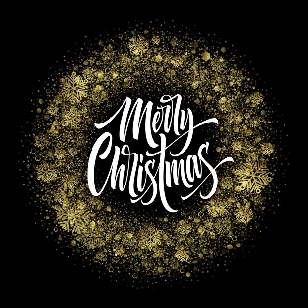 Merry Christmas lettering in glitter frame. Xmas confetti, golden dust and snowflakes round frame. Merry Christmas greeting isolated on black background. Postcard design. Vector illustration