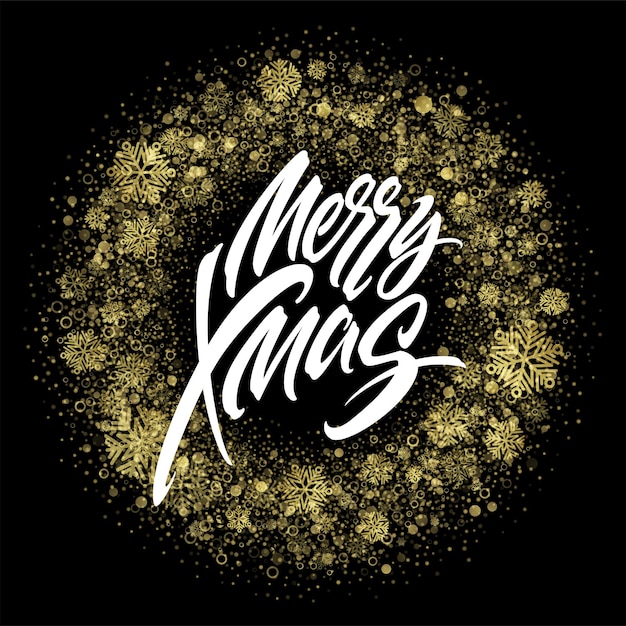 Free vector merry christmas lettering in glitter frame. xmas confetti, golden dust and snowflakes round frame. merry christmas greeting isolated on black background. postcard design. vector illustration