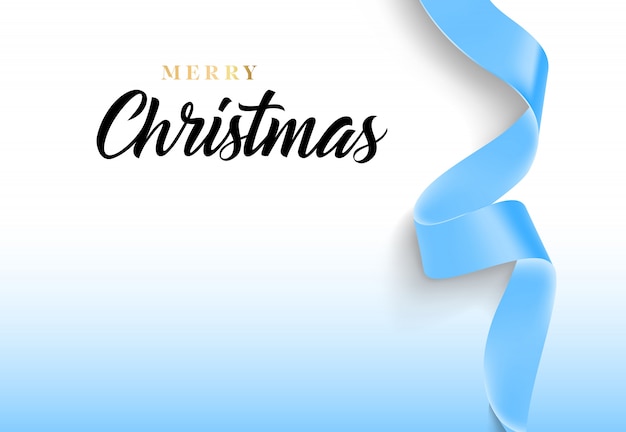 Free Vector merry christmas lettering with blue ribbon