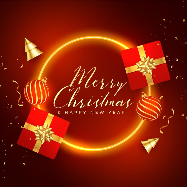 Merry christmas neon frame background with 3d elements