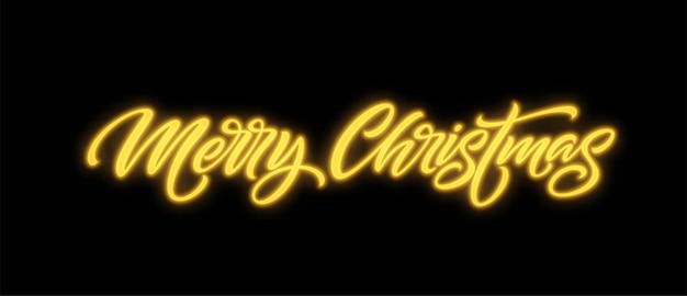 Merry Christmas neon lettering. Xmas greeting sign. Merry Christmas golden neon light isolated on black background. Xmas calligraphic text. Postcard, banner design element. Vector illustration