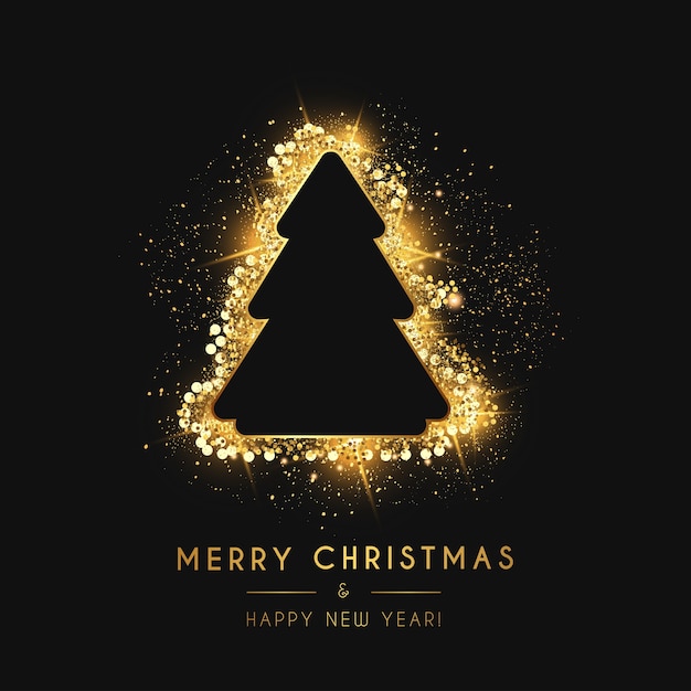 Free Vector merry christmas and new year card with gold christmas tree