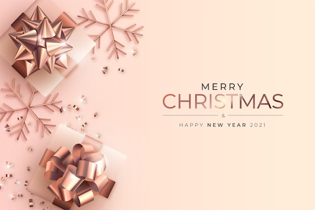 Merry Christmas and New Year Card with realistic presents in golden rose