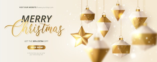 Merry Christmas Offer banner with Realistic 3d Christmas Balls Composition