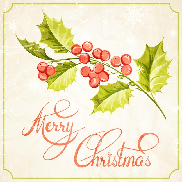 Merry Christmas postcard with berries and leaves