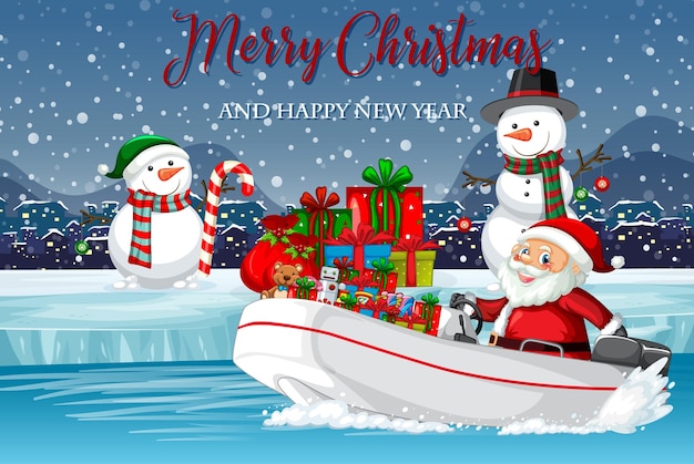 Merry Christmas poster with Santa delivering gifts by speedboat