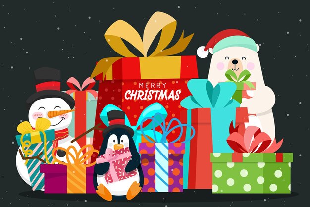 Merry christmas present box with snowman and lovely animal such as penquin and polar bear on nighttime with star