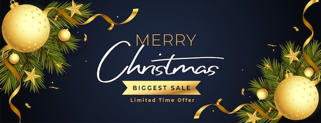 Merry christmas promotional sale banner with 3d realistic elements