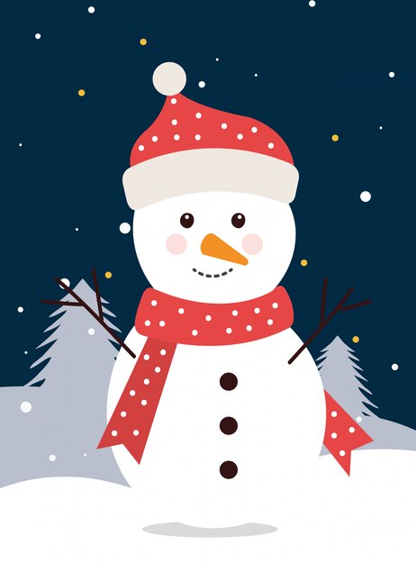 Merry christmas snowman in winter landscape