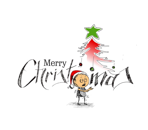 Merry Christmas Tree Background - Cartoon Style Hand Sketchy Drawing of a Funny Little boy Wearing Santa Claus Cap, vector illustration