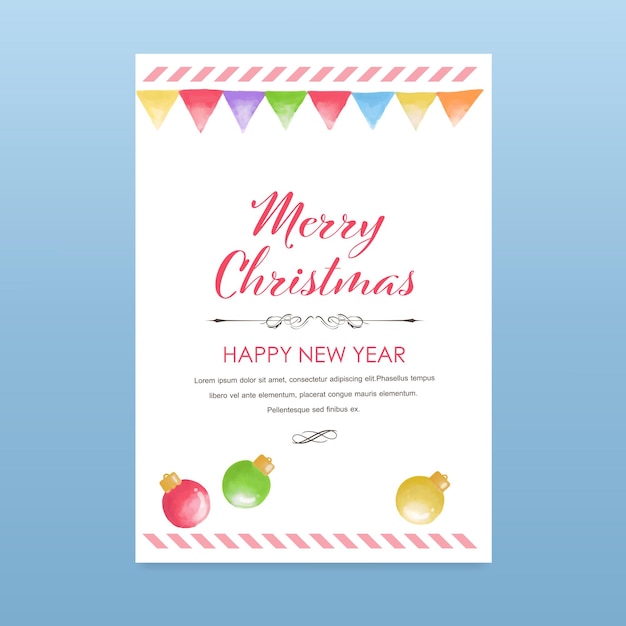 Merry Christmas watercolor ribbon and ball drawing invitations card.