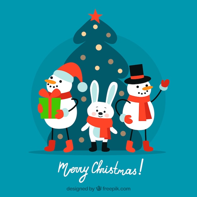 Free Vector merry christmas with snowman and rabbit