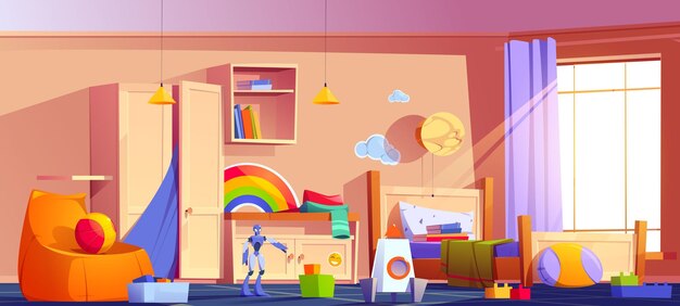 Mess in kids room, messy child bedroom interior with books on unmade bed and scatter toys on carpet. Clutter apartment indoors area with furniture and equipment for games, Cartoon vector illustration