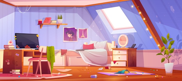 Free vector messy girl bedroom on attic. interior of mansard with dirty furniture and clothes, unmade bed and trash.