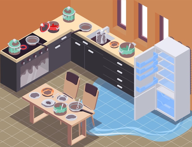 Free Vector messy kitchen isometric background with fridge and oven symbols vector illustration