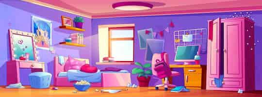 Free vector messy teen girl bedroom interior