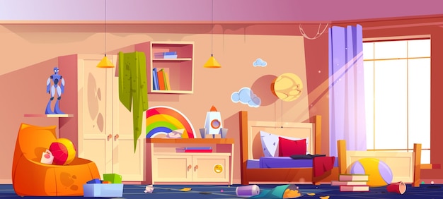 Free Vector messy teenagers room with dirty furniture vector cartoon illustration of untidy bedroom with cobweb on ceiling junk food leftovers paper cups garbage and toys scattered on floor stained blanket