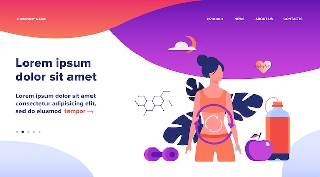 Metabolic process of woman on diet. Digestion system, food energy, hormone system flat vector illustration. Healthy eating concept website design or landing web page