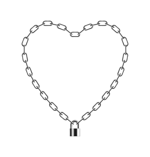 Free Vector metal chain frame realistic composition of heart shaped silver chain with lock vector illustration