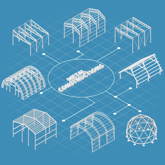 Metal constructions flowchart with industrial buildings structure symbols isometric vector illustration