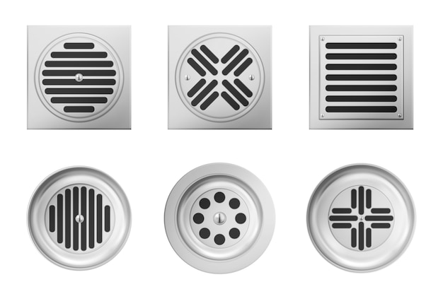 Free Vector metal drainage grates for shower or sink isolated on white background. realistic set of square and round drain manhole with steel grid on sewer in bathroom or shower floor