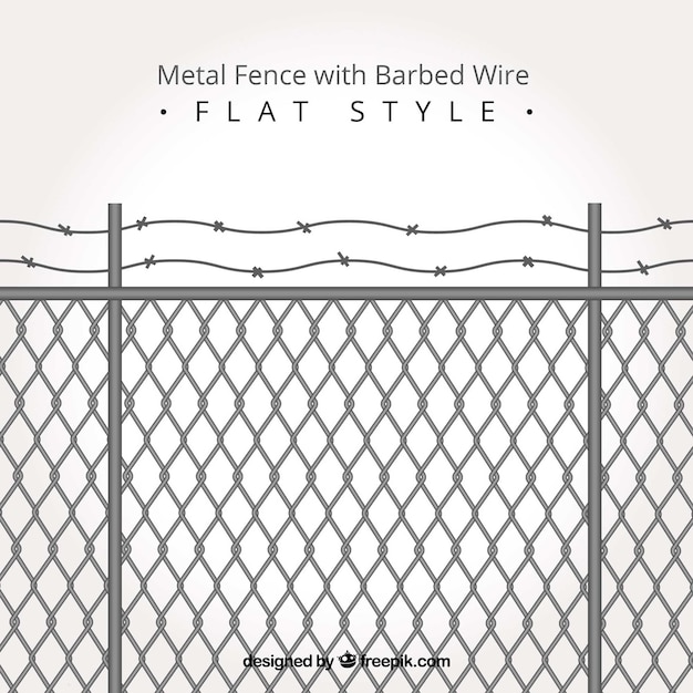 Metal fence with barbed wire in flat style