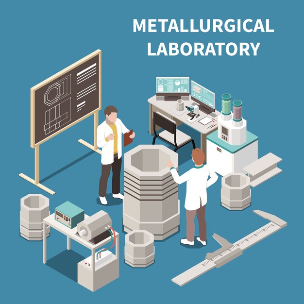 Metal industry isometric composition with two people in metallurgical laboratory 3d vector illustration