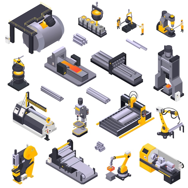 Free vector metal industry isometric icons set with automated plant equipment and workers isolated on white background 3d vector illustration