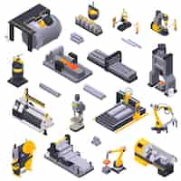 Free vector metal industry isometric icons set with automated plant equipment and workers isolated on white background 3d vector illustration