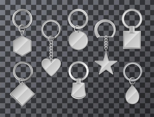 Free vector metal keyrings with blank breloques of different shape realistic set isolated on transparent background vector illustration